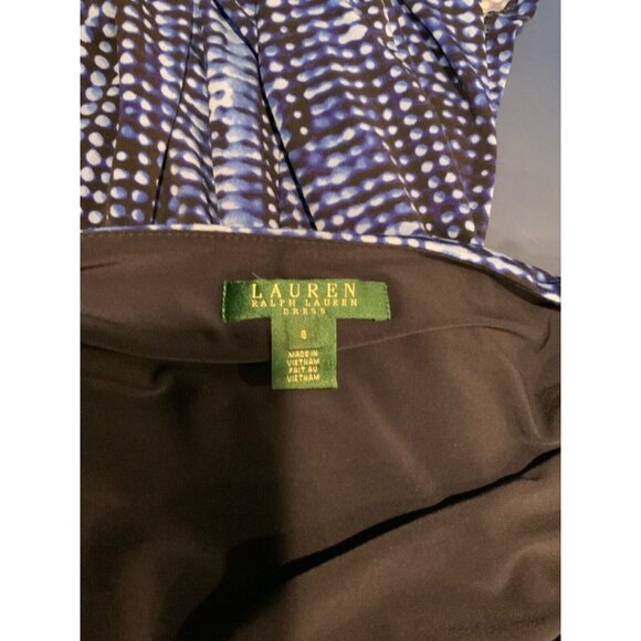 Lauren Ralph Lauren Blue & Black Patterned V-Neck Gathered Sheath Dress, Size 6 - Picture 5 of 5